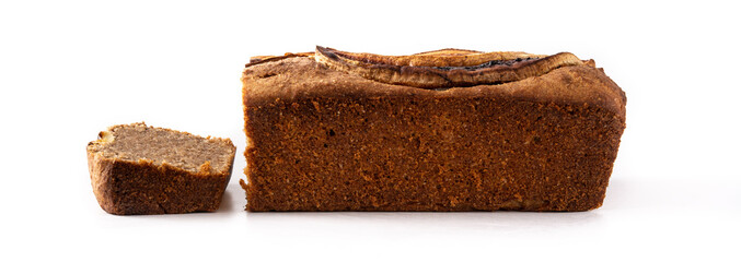 Homemade banana bread isolated on white background. Panorama view
