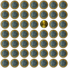 Pattern of 1-euro coins disturbed by a low value 10-cent coin