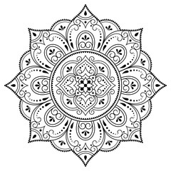 Circular pattern in form of mandala with flower for Henna, Mehndi, tattoo, decoration. Decorative ornament in ethnic oriental style. Outline doodle hand draw vector illustration.
