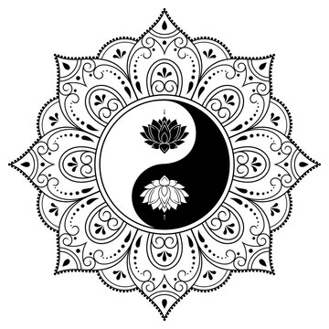 Circular pattern in form of mandala for Henna, Mehndi, tattoo, decoration. Decorative ornament in ethnic oriental style with Yin-yang symbol and Lotus flower. Outline doodle vector illustration.