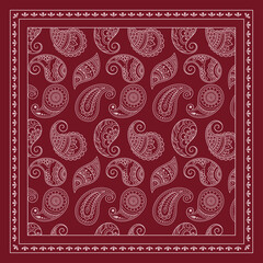 Decorative pattern of flowers and paisley for printing on fabric. Red ornament for a bandana, a silk neckerchief, a tablecloth or a kerchief. Square sketch in tribal or oriental style.