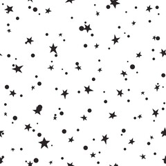 Seamless abstract pattern with black hand drawn shabby stars on white background.