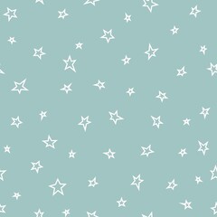 Seamless abstract pattern with white hand drawn stars of different rotation and size. Light green blue