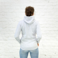 Blanko Kapuzenweater grau-meliert - Rückseite - Hoodie - Vorlage auf weißem Grund für Online-Shop - obrazy, fototapety, plakaty