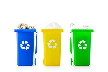 Bin collection. Yellow, green, blue dustbin for recycle plastic, paper and glass can trash isolated on white background. Container for disposal garbage waste and save environment.
