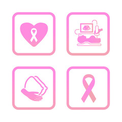 Set of vector medical icons about the prevention, diagnosis of female breast. Trendy gradient 2021. Ultrasound, hand, ribbon against breast cancer, mammography. Caring for women's health. Isolated