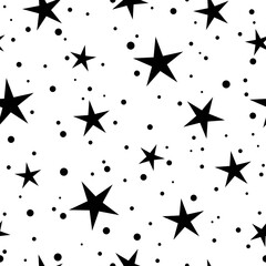 Seamless cute pattern with little rounded back stars, dots and circles on white background.