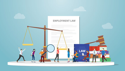 employment law concept with document paper and gavel scales and people employee with modern flat style