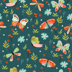 Naklejka premium Seamless pattern with butterflies and flowers. Vector graphics.