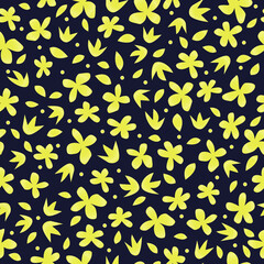 Seamless botanical pattern with stylized yellow flowers and leaves. Vector illustration.