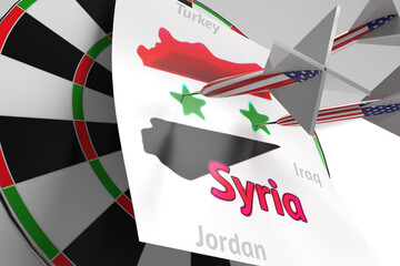 Simple 3d background with a dart board with a map of Syria and arrows with the US flag stuck into it. Illustration of political relations between the countries of the East and America.