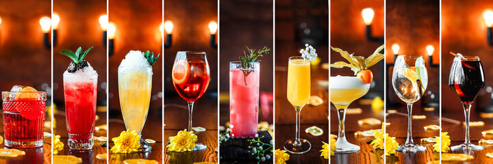 Horizontal assorted variety of sweet alcoholic cocktails collage