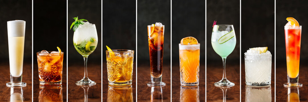 Horizontal assorted variety of sweet alcoholic cocktails collage