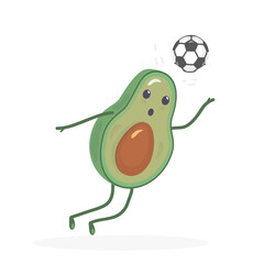 Kawaii avocado plays football. Food. Green fruit hits the ball with its head. White background. Vector illustration. Sport. Cute Isolated