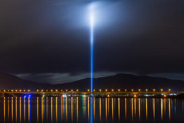 Ryoji Ikeda's Spectra illuminating the sky above Hobart's Bowen Bridge in Hobart, Tasmania