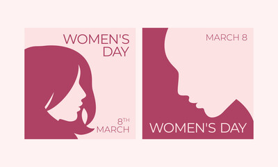 Woman face silhouette illustrations for Women's day holiday March 8, vector with pink color