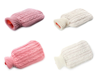 Set of hot water bottles with knitted covers on white background