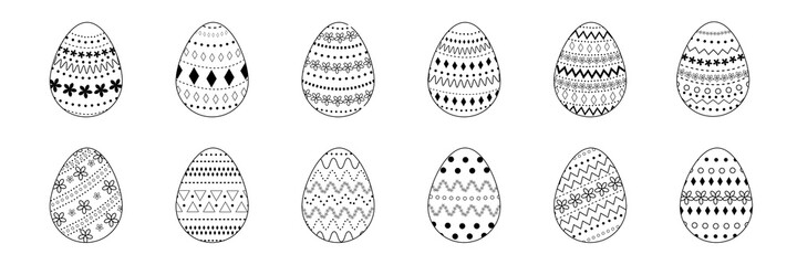 Vector outline icons of decorated Easter eggs isolated on white background