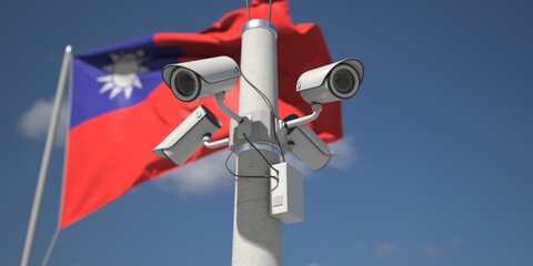 Waving flag of Taiwan and the security cameras. 3d rendering