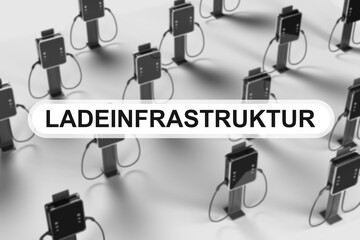 mehrere Ladestation für Elektroautos mit Aufschrift Ladeinfrastruktur, Banner