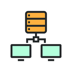 Vector illustration of high-tech technology coloured icon. Server and computer connection icon.
