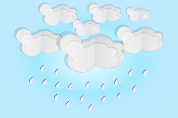 Cloud and rain on blue background. Origami rainy season. Storm weather concept with falling water drops from cloudy sky. Paper cut and craft style. Overcast sky. Weather forecast. Vector illustration