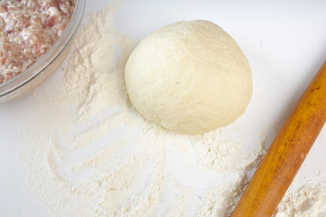 homemade dumplings in the kitchen without decorations. making dumplings with minced pork, beef and chicken