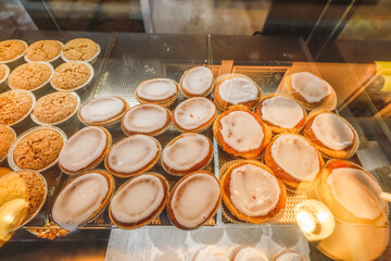 Nynashamn, Sweden Swedish baked delicacies called mazzarin in a bakery window.