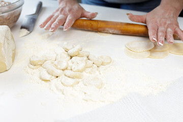 homemade dumplings in the kitchen without decorations. making dumplings with minced pork, beef and chicken