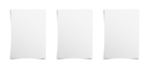 Set of three white realistic blank paper page with shadow isolated on white background. A4 size sheet papers. Mock up template for your design. Vector illustration