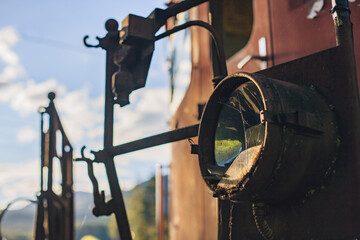 Crashed headlight of abandoned crashed train. No people