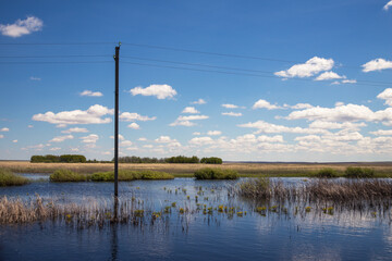 Electricity pole in water in Kazakh steppe.