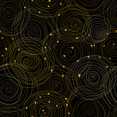 Modern seamless patterns with gold doodle spiral circles on a black background. Vector illustration.