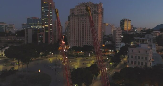 Rio de Janeiro urban aerial circling cranes with the downtown Museum Square and Avenida Rio Branco in the background