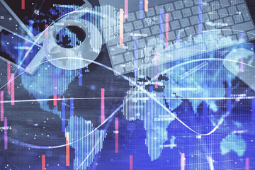 Double exposure of business theme hologram over desktop with phone. Top view. Mobile international trade connection concept.