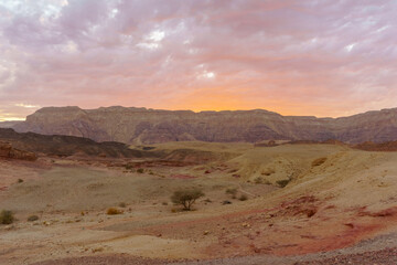 Sunset view of landscape and rock formations, Timna Valley