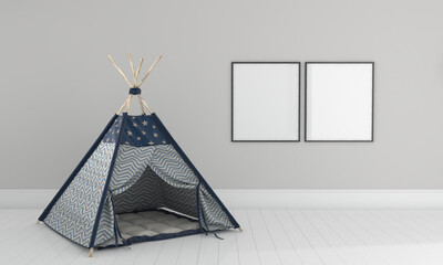 3D rendering of the interior of a modern kids bedroom with a teepee tent and empty frames © Shah Zaman Khan/Wirestock
