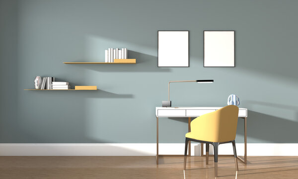 3D Rendering Illustration Of A Modern Minimalist Teenager's Study Room - Frames For Copy Space