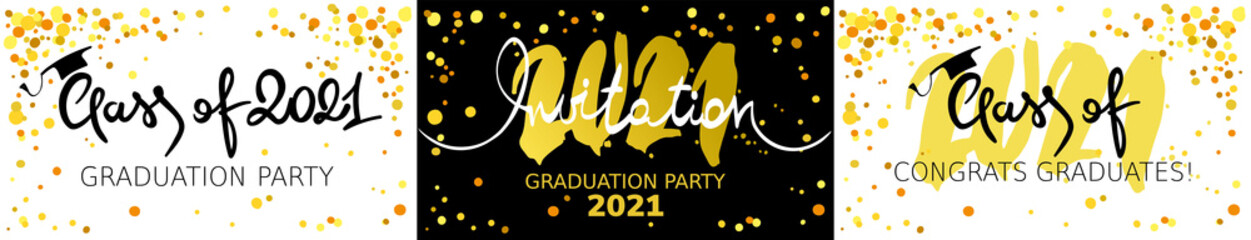 Graduate 2021. Vector illustration, card, invitation with gold confetti and calligraphic title.	