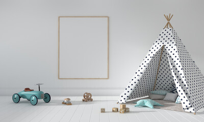 3D rendering of the interior of a modern kids bedroom with a teepee tent and empty frames © Shah Zaman Khan/Wirestock