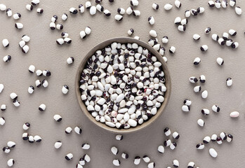 Legumes in bowl and scattered in the background, white and purple beans in a plate on a gray background, top view