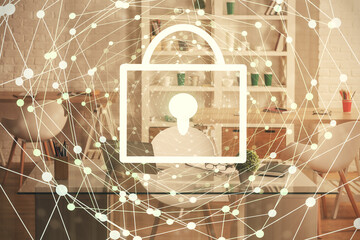 Multi exposure of lock drawing and office interior background. Concept of data security.