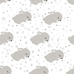 Sleep Grey Baby Bunny with stars and dots. Little Rabbit seamless pattern. Cute Easter Animal. Hares Vector Kids Illustration on white background. Design for card, print, book, kids story