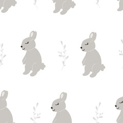 Sleep Grey Baby Bunny with leaf. Little Rabbit seamless pattern. Cute Easter Animal. Hares Vector Kids Illustration on white background. Perfect for textile prints, kids design, decor, wrapping.