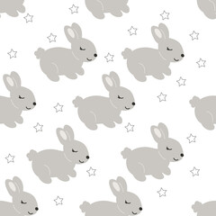 Sleep Grey Baby Bunny with stars. Little Rabbit seamless pattern. Cute Easter Animal. Hares Vector Kids Illustration  on white background. Design for card, print, book, kids story	