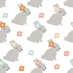 Sleep Grey Baby Bunny with a flower on head. Little Rabbit seamless pattern. Cute Easter Animal. Hares Vector Kids Illustration  on white background. Design for card, print, book, kids story