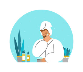 Vector flat isolated concept with smiling Caucasian adult man in bathroom, wearing in white towel, bathrobe. Daily skin care routine. Guy cleans face, uses cosmetic products (cream, serum). Copy space