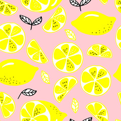 vector seamless pattern lemons and sliced lemons on a pastel background