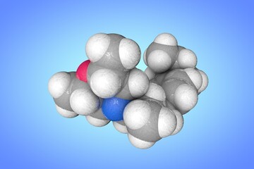 Space-filling molecular model of amorolfine. Atoms are represented as spheres with color coding: carbon (grey), nitrogen (blue), oxygen (red), hydrogen (white). 3d illustration