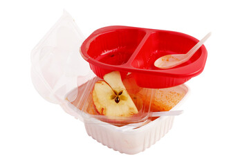 Used food box, disposable plastic containers stack isolated on white background